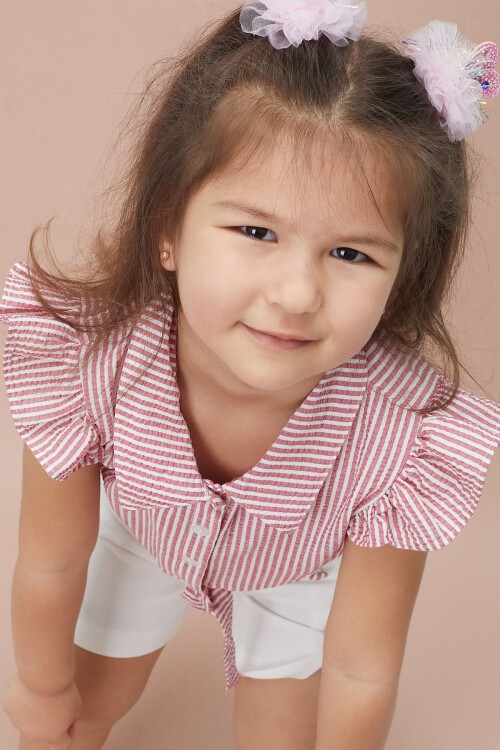 Koyu Pembe Çizgili Gömlekli Şortlu Kız Takım 15118