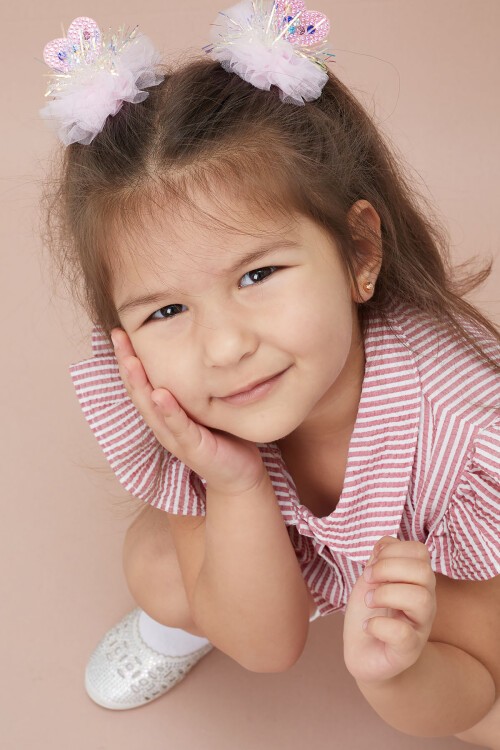 Koyu Pembe Çizgili Gömlekli Şortlu Kız Takım 15118