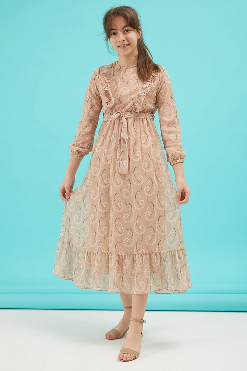 Krem Çiçek Desenli Fırfırlı Kız Çocuk Şifon Elbise 15211