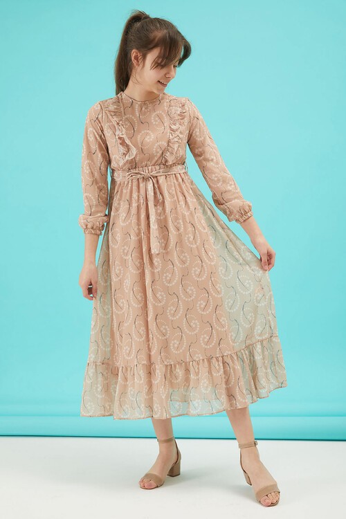 Krem Çiçek Desenli Fırfırlı Kız Çocuk Şifon Elbise 15211