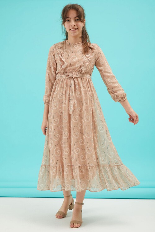 Krem Çiçek Desenli Fırfırlı Kız Çocuk Şifon Elbise 15211