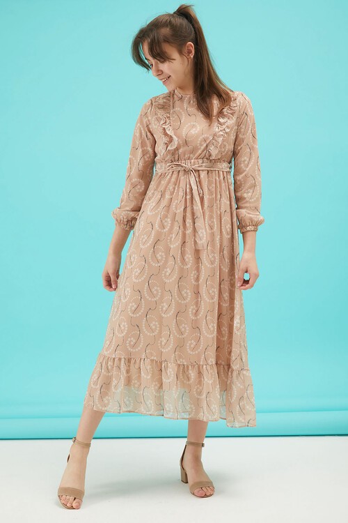 Krem Çiçek Desenli Fırfırlı Kız Çocuk Şifon Elbise 15211