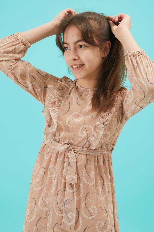 Krem Çiçek Desenli Fırfırlı Kız Çocuk Şifon Elbise 15211