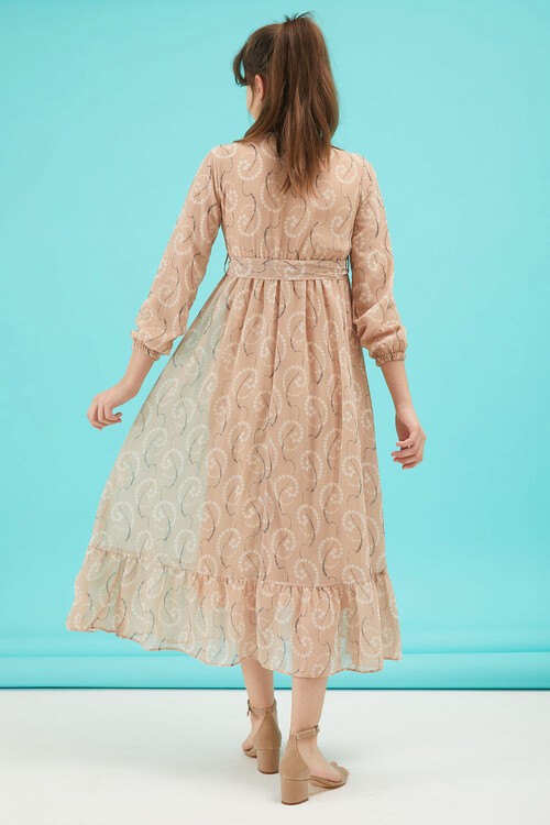 Krem Çiçek Desenli Fırfırlı Kız Çocuk Şifon Elbise 15211