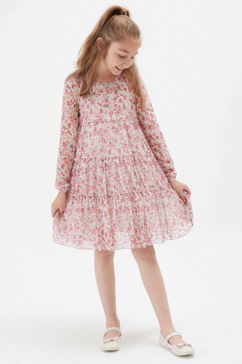 Krem Çiçek Desenli Kız Çocuk Elbise 15200