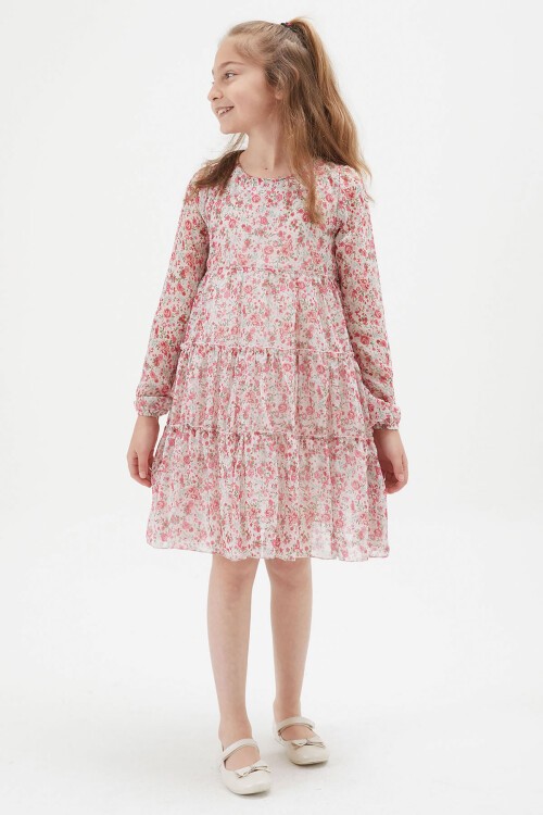 Krem Çiçek Desenli Kız Çocuk Elbise 15200