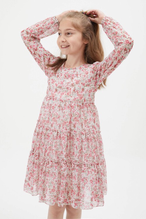 Krem Çiçek Desenli Kız Çocuk Elbise 15200