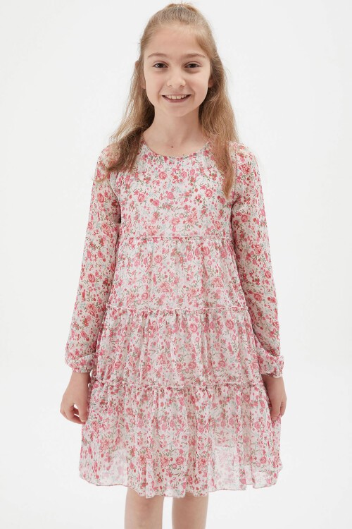 Krem Çiçek Desenli Kız Çocuk Elbise 15200