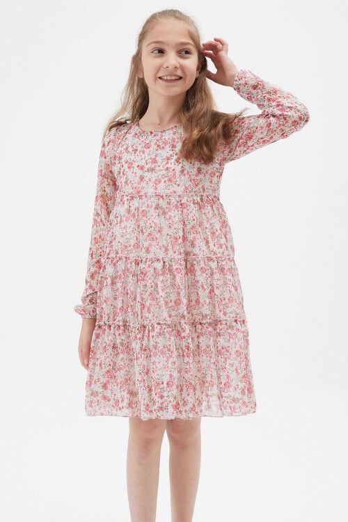 Krem Çiçek Desenli Kız Çocuk Elbise 15200