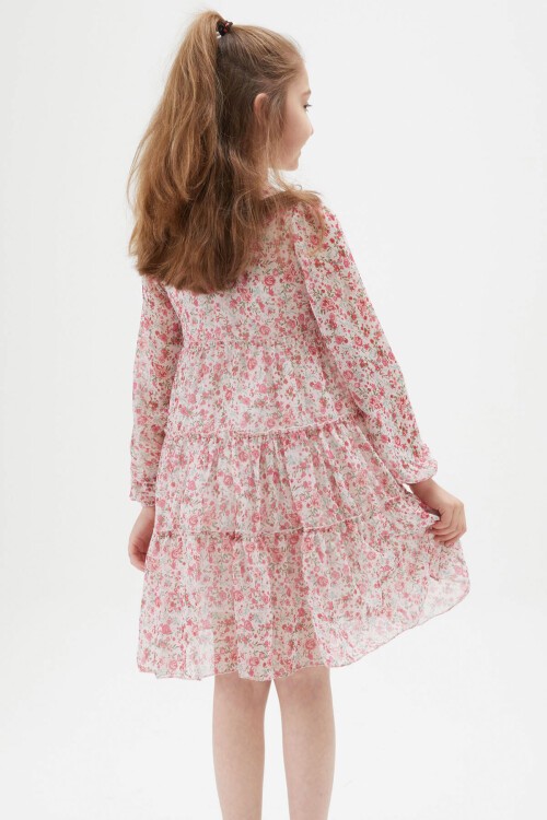 Krem Çiçek Desenli Kız Çocuk Elbise 15200