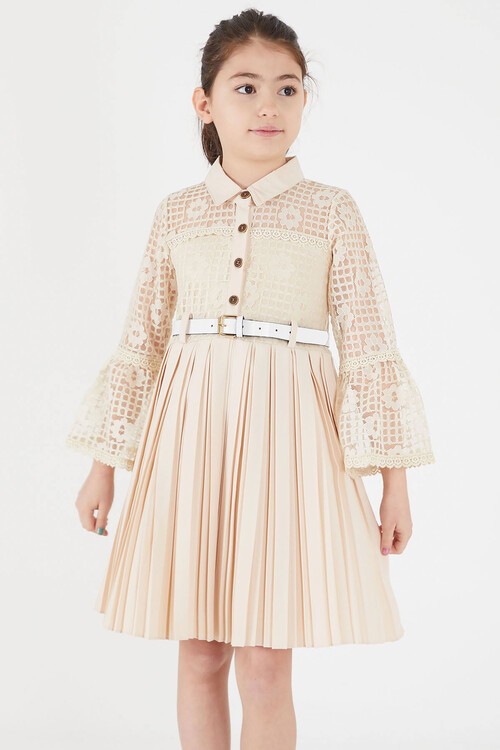 Krem Dantel İşlemeli Pileli Çanta ve Kemerli Kız Elbise 15110