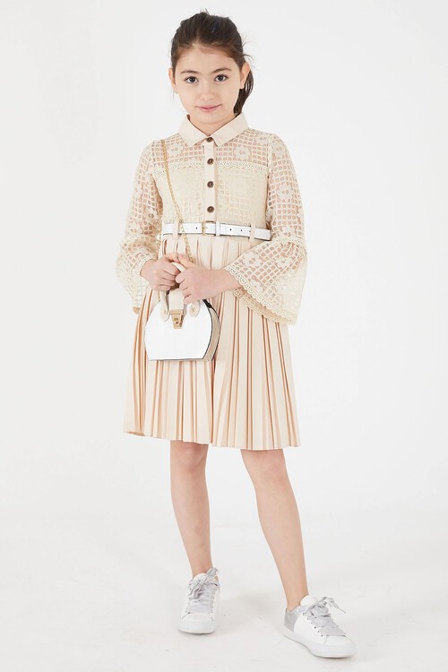 Krem Dantel İşlemeli Pileli Çanta ve Kemerli Kız Elbise 15110