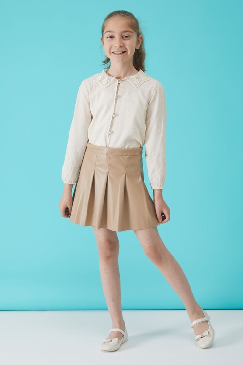 Krem Dantel Yakalı Kız Etekli Bluz Takım 15101