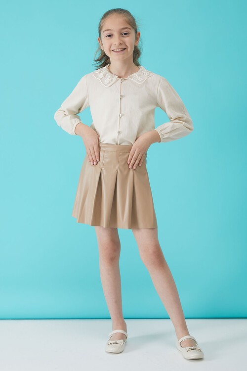 Krem Dantel Yakalı Kız Etekli Bluz Takım 15101