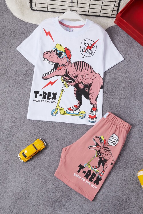 Krem Dinozor Baskılı Şortlu Erkek Çocuk Takım 15282