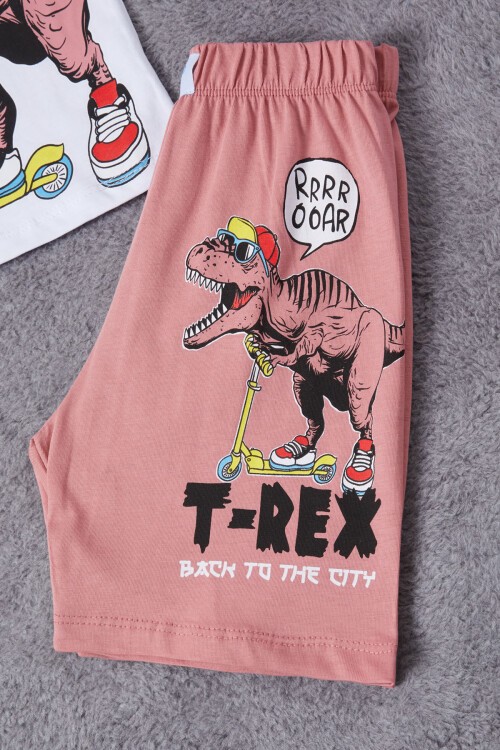 Krem Dinozor Baskılı Şortlu Erkek Çocuk Takım 15282