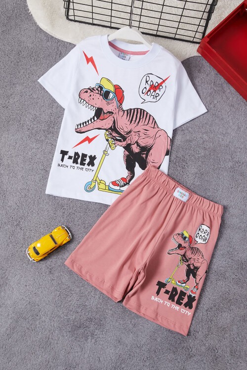 Krem Dinozor Baskılı Şortlu Erkek Çocuk Takım 15282