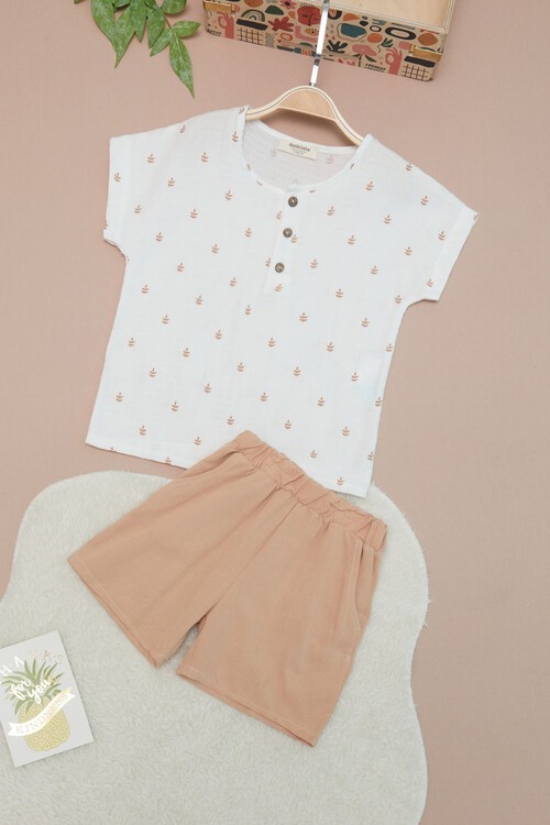 Krem Erkek Bebek Desenli Gömlekli Şortlu Takım 15139