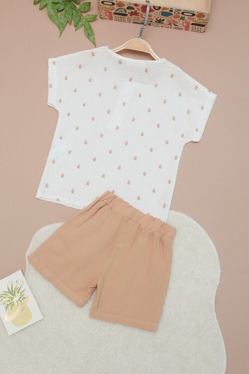 Krem Erkek Bebek Desenli Gömlekli Şortlu Takım 15139