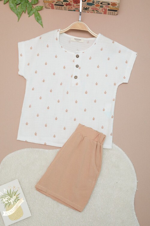Krem Erkek Bebek Desenli Gömlekli Şortlu Takım 15139