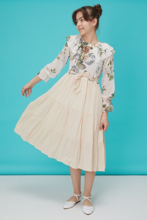 Krem Gül Desenli Boncuk İşlemeli Kuşaklı Kız Elbise 15124