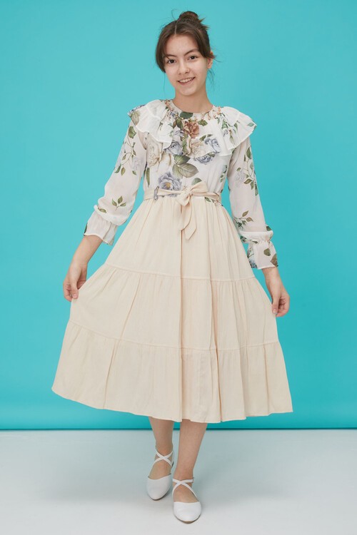 Krem Gül Desenli Boncuk İşlemeli Kuşaklı Kız Elbise 15124