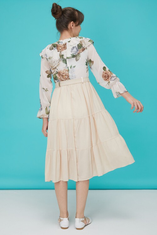 Krem Gül Desenli Boncuk İşlemeli Kuşaklı Kız Elbise 15124