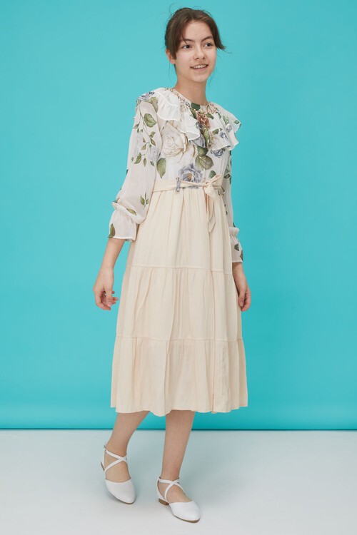 Krem Gül Desenli Boncuk İşlemeli Kuşaklı Kız Elbise 15124