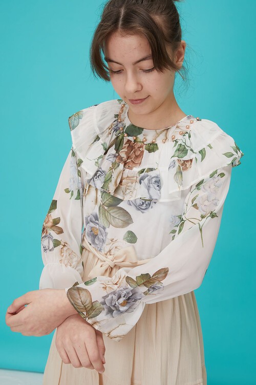 Krem Gül Desenli Boncuk İşlemeli Kuşaklı Kız Elbise 15124