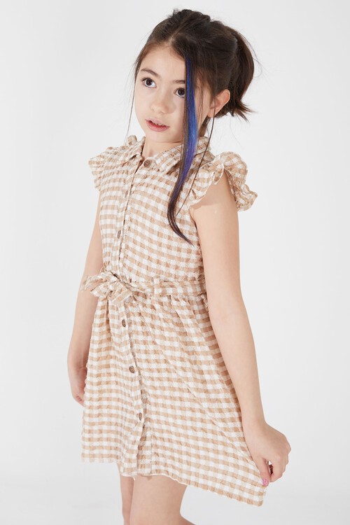 Krem Kare Desenli Yakalı Kız Çocuk Elbise 15069