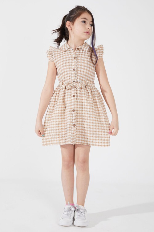 Krem Kare Desenli Yakalı Kız Çocuk Elbise 15069