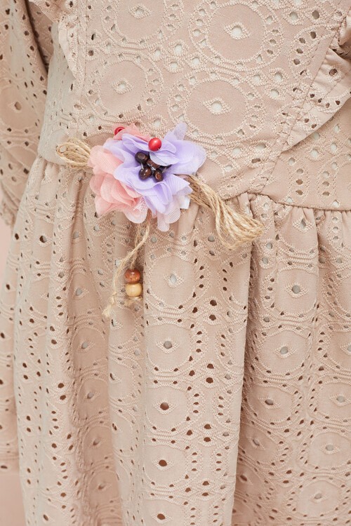 Krem Kol Fırfırlı Dantel İşlemeli Kız Çocuk Elbise 15056