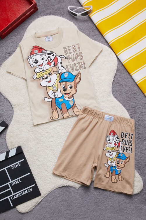 Krem Sevimli Köpek Baskılı Erkek Çocuk Şortlu Takım 15263
