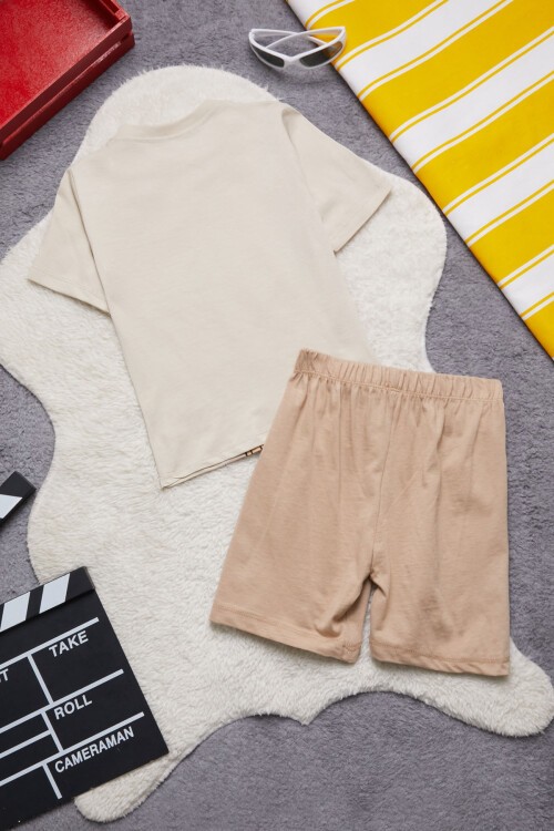 Krem Sevimli Köpek Baskılı Erkek Çocuk Şortlu Takım 15263