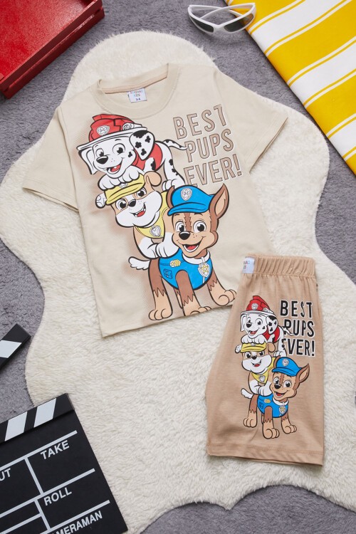 Krem Sevimli Köpek Baskılı Erkek Çocuk Şortlu Takım 15263