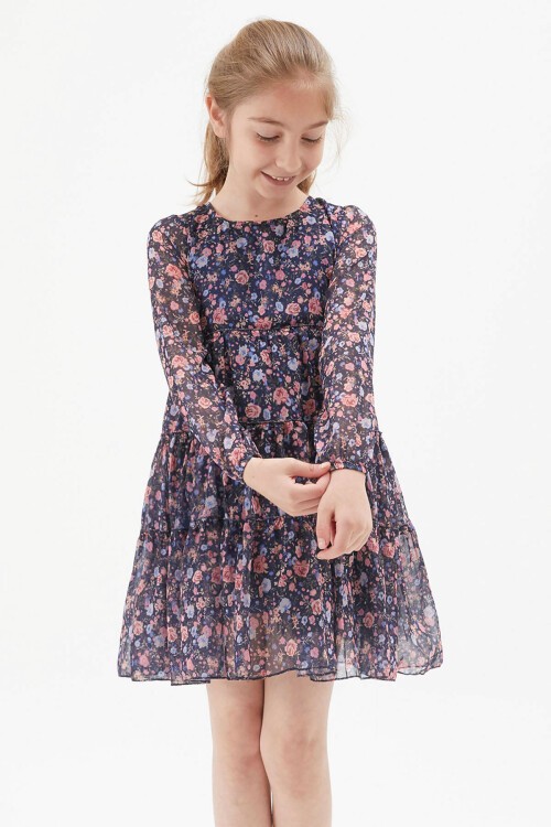 Lacivert Çiçek Desenli Kız Çocuk Elbise 15197