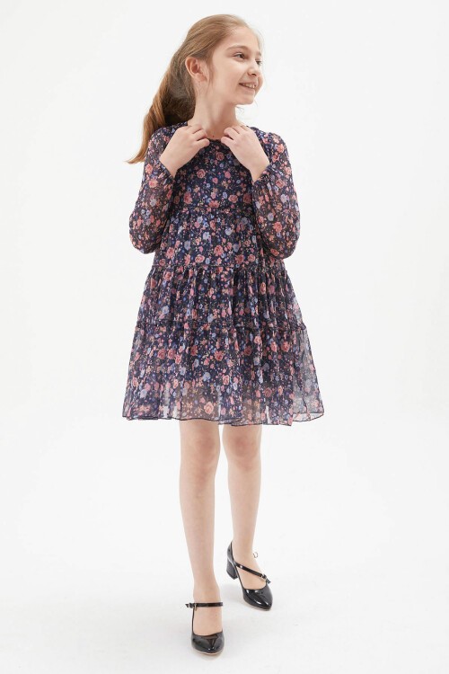 Lacivert Çiçek Desenli Kız Çocuk Elbise 15197