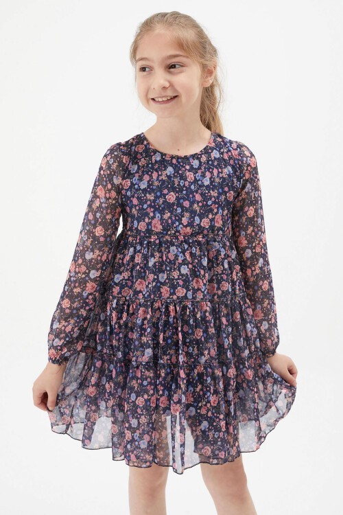 Lacivert Çiçek Desenli Kız Çocuk Elbise 15197
