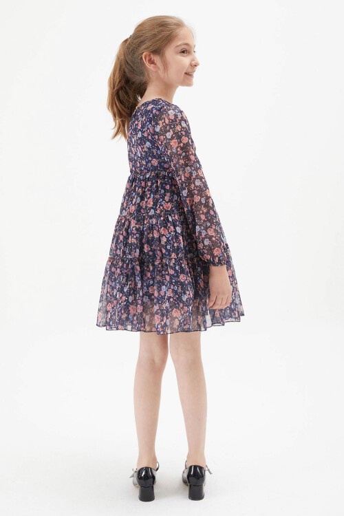 Lacivert Çiçek Desenli Kız Çocuk Elbise 15197