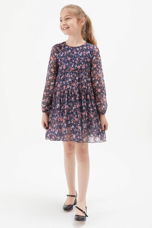 Lacivert Çiçek Desenli Kız Çocuk Elbise 15197