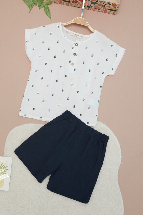 Lacivert Erkek Bebek Desenli Gömlekli Şortlu Takım 15140