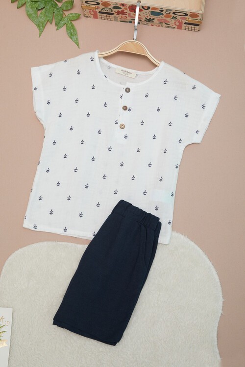 Lacivert Erkek Bebek Desenli Gömlekli Şortlu Takım 15140