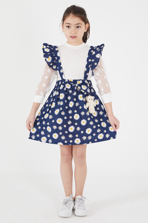 Lacivert Papatya Desenli Tüllü Salopet Elbise Takımı 15054