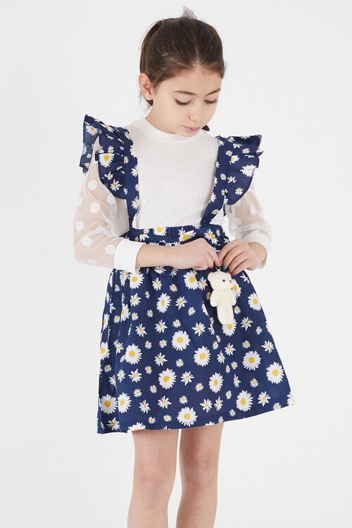 Lacivert Papatya Desenli Tüllü Salopet Elbise Takımı 15054