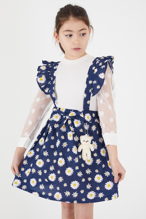 Lacivert Papatya Desenli Tüllü Salopet Elbise Takımı 15054