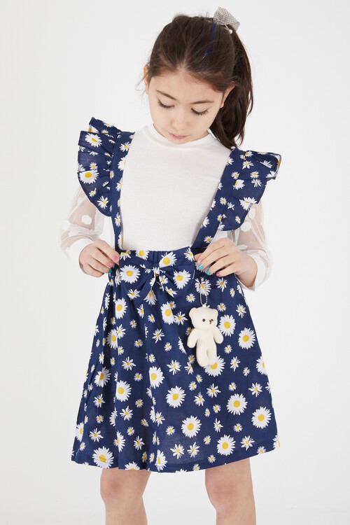 Lacivert Papatya Desenli Tüllü Salopet Elbise Takımı 15054