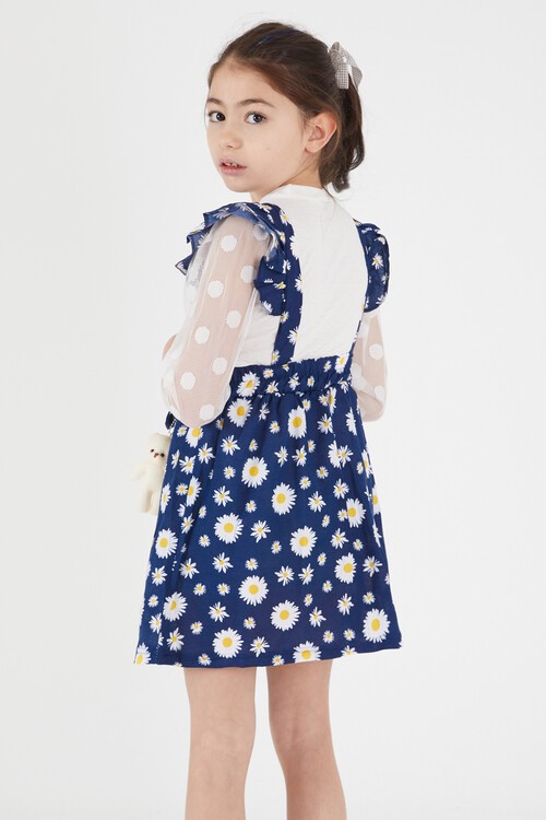 Lacivert Papatya Desenli Tüllü Salopet Elbise Takımı 15054