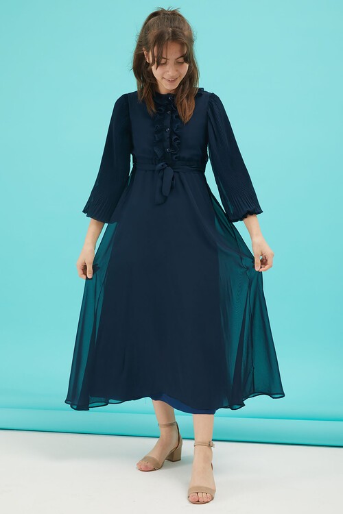 Lacivert Piliseli Kuşaklı Kız Şifon Elbise 15210
