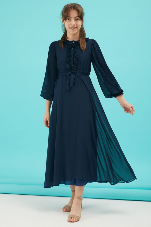 Lacivert Piliseli Kuşaklı Kız Şifon Elbise 15210