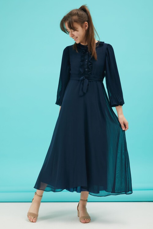 Lacivert Piliseli Kuşaklı Kız Şifon Elbise 15210